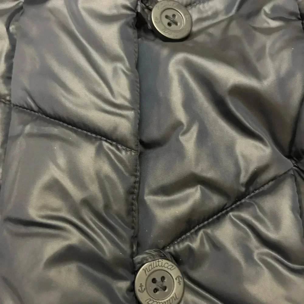 Nautica girls’ hooded quilted puffer jacket fleece  lining navy blue big button